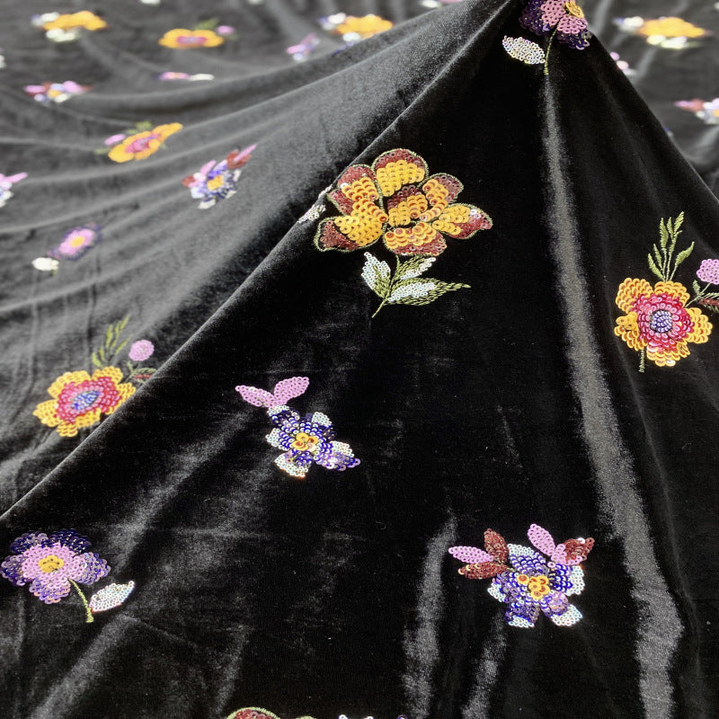 Multicolor Small Floral Sequin Embroidered Velvet-Base Fabric — fabric photo 3