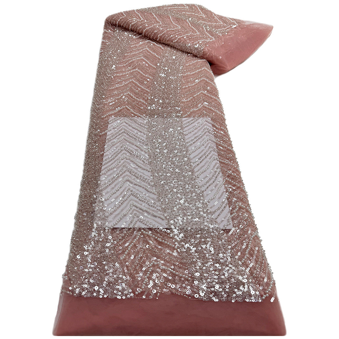 Linear Bugle Bead & Sequin Embroidered Mesh Fabric – Per Yard — fabric photo 5