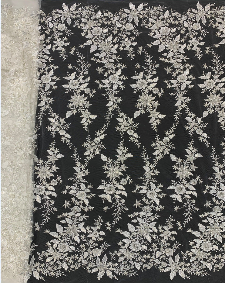 3/4 mm Crystal-Look Sequin & Double-Bead Embroidered Bridal Fabric — fabric photo 2