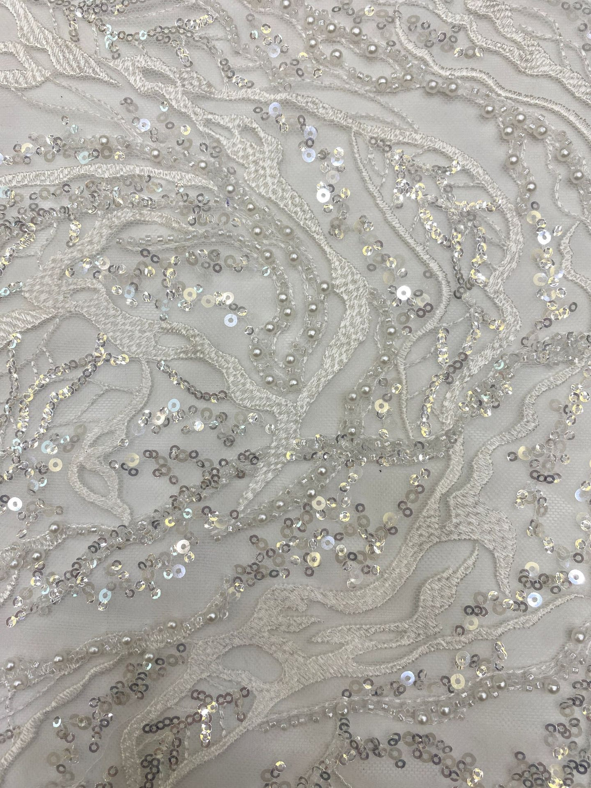 Floral Double Bead & 3/4mm Sequin Wedding Fabric — fabric photo 5
