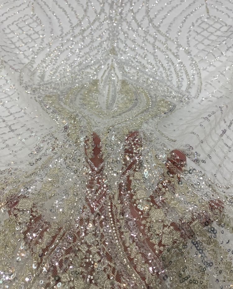 Large Floral Bead & 3/4 mm Sequin Bridal Fabric — fabric photo 2