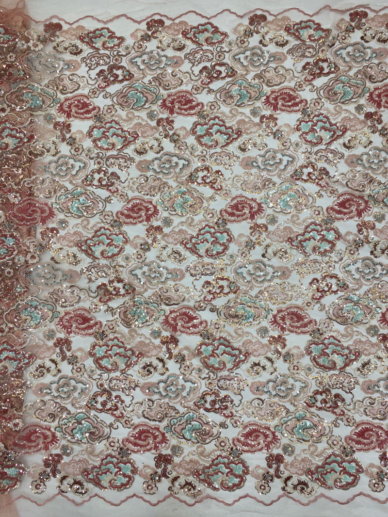 Pink Auspicious Cloud Colorful Sequin Fabric — fabric photo 6
