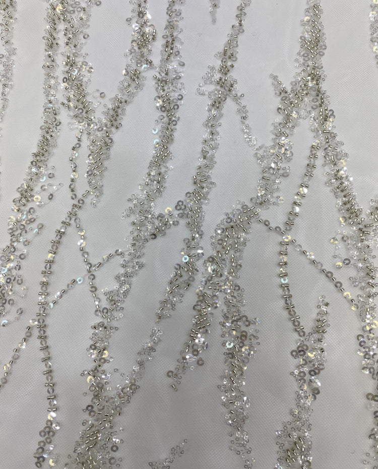 Abstract Silver Bead and 2/4 mm Crystal Sequin Fabric — fabric photo 2
