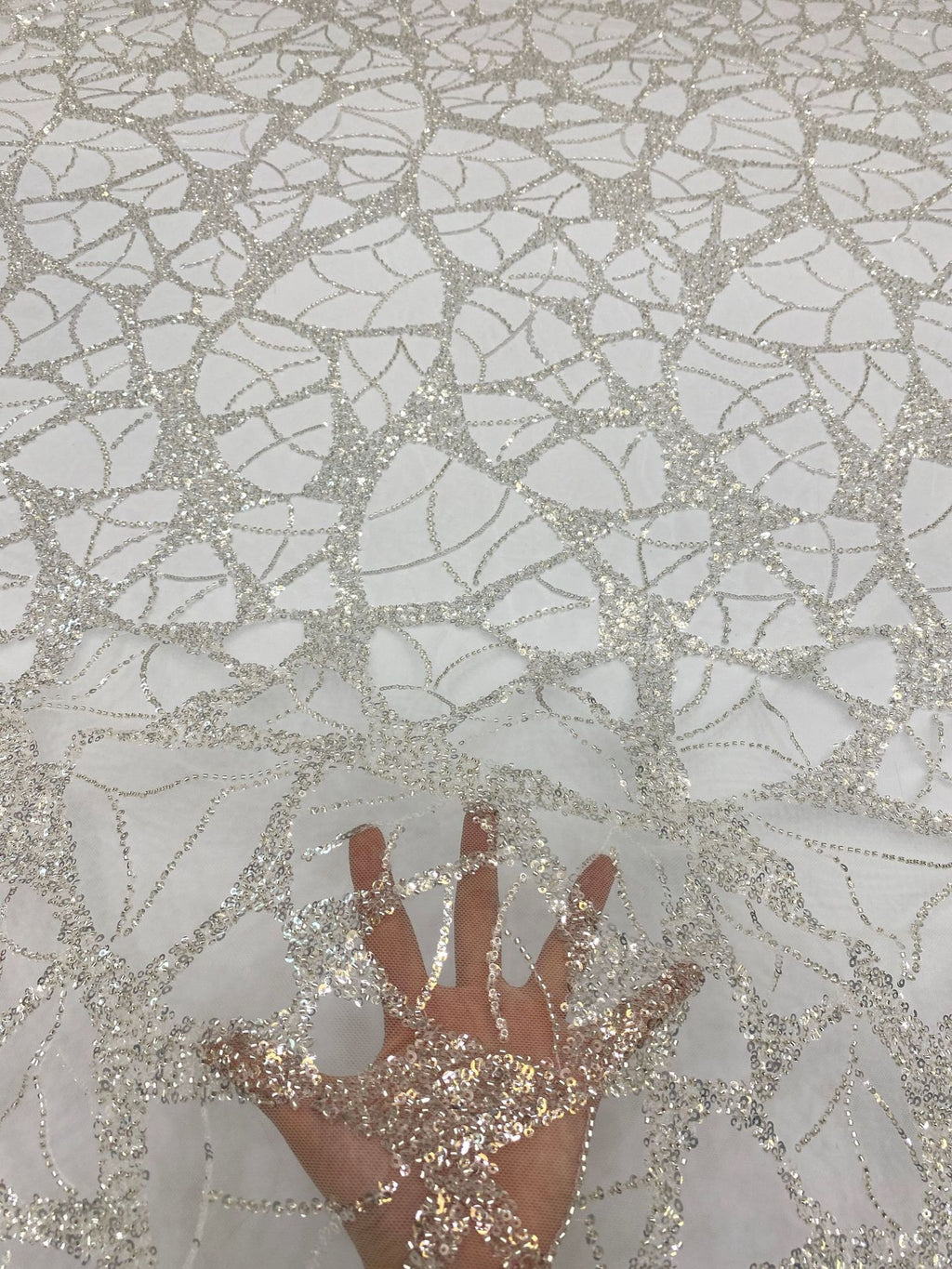 3/4 mm Crystal-Look Sequin & Silver-Bead Embroidered Bridal Fabric – Design 64831 — fabric photo 2