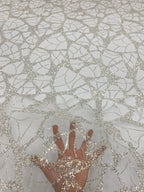 3/4 mm Crystal-Look Sequin & Silver-Bead Embroidered Bridal Fabric – Design 64831 — fabric photo 2