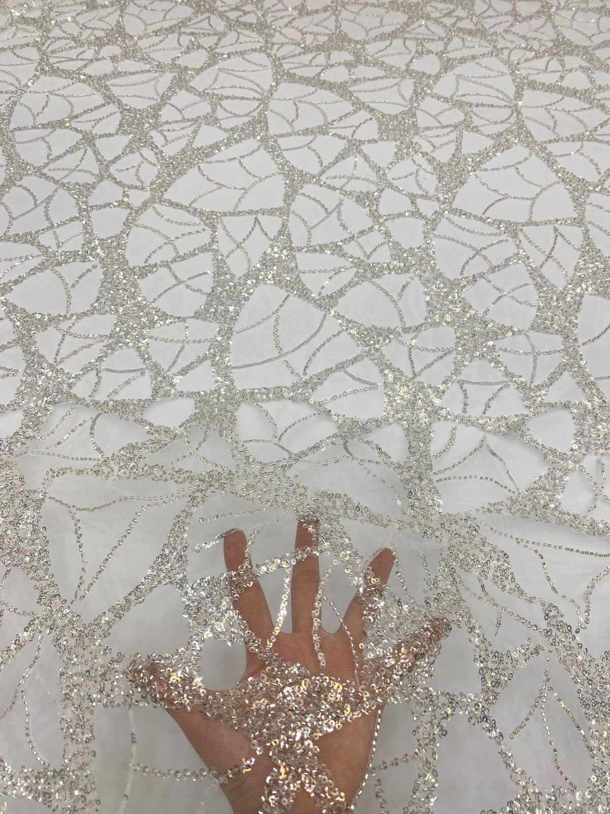 3/4 mm Crystal-Look Sequin & Silver-Bead Embroidered Bridal Fabric – Design 64831 — fabric photo 2