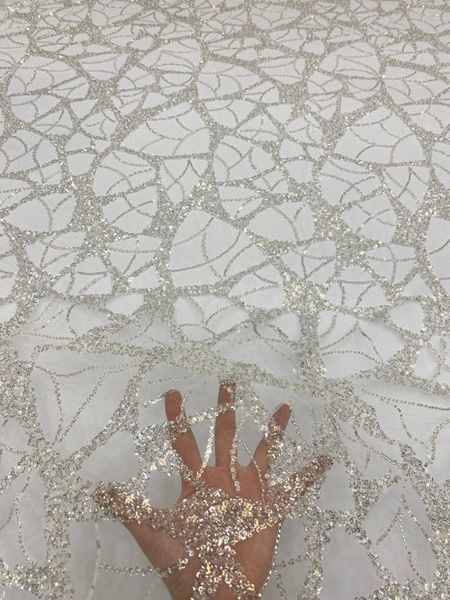 3/4 mm Crystal-Look Sequin & Silver-Bead Embroidered Bridal Fabric – Design 64831 — fabric photo 2