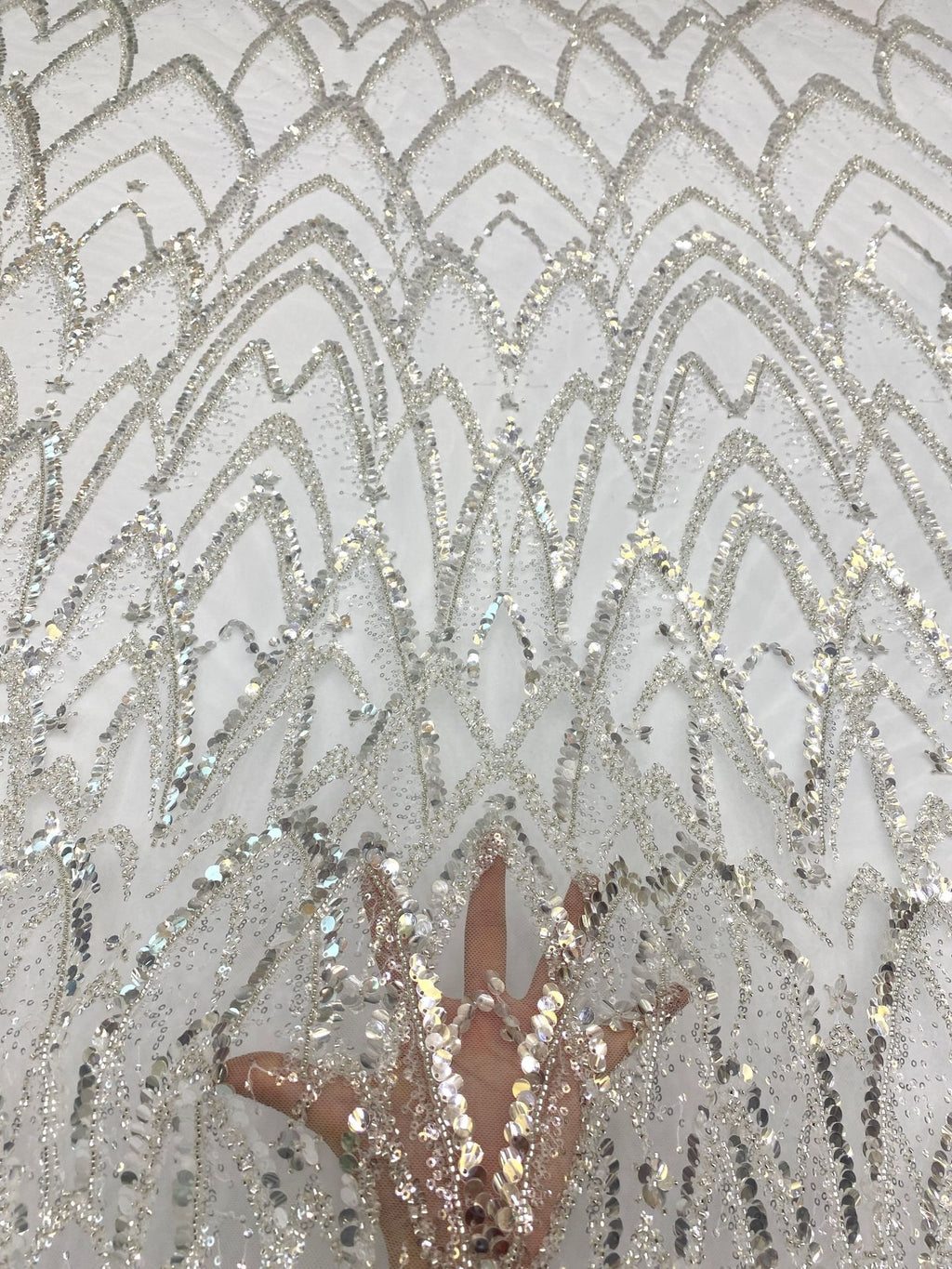 Silver Bead & 3/7mm Crystal Sequin Dress Fabric — fabric photo 4