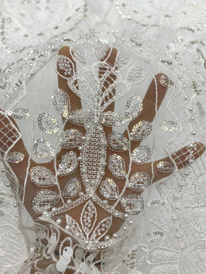 Fine 3/7 mm Sequin & Triple-Bead Embroidered Bridal Fabric — fabric photo 5