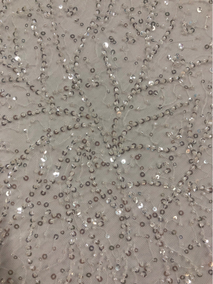 3/4 mm Crystal-Look Sequin & Double-Bead Embroidered Irregular Mesh Fabric — fabric photo 6