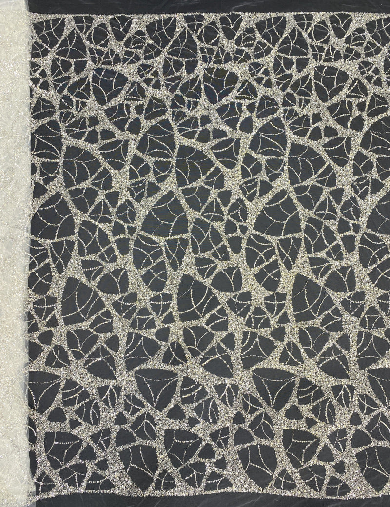 3/4 mm Crystal-Look Sequin & Silver-Bead Embroidered Bridal Fabric – Design 64831 — fabric photo 6