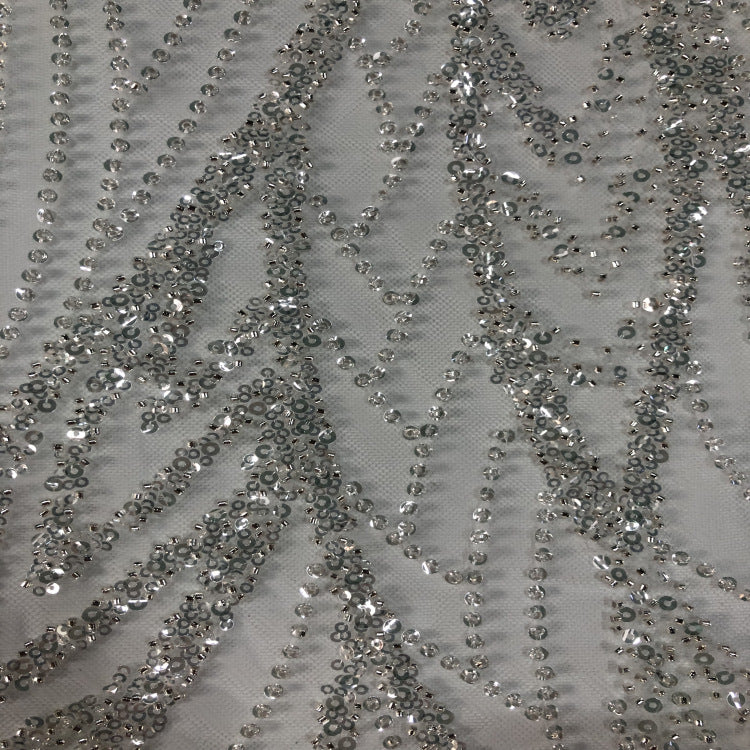 3/4 mm Crystal-Look Sequin & Silver-Bead Embroidered Bridal Fabric – Design 22111 — fabric photo 3