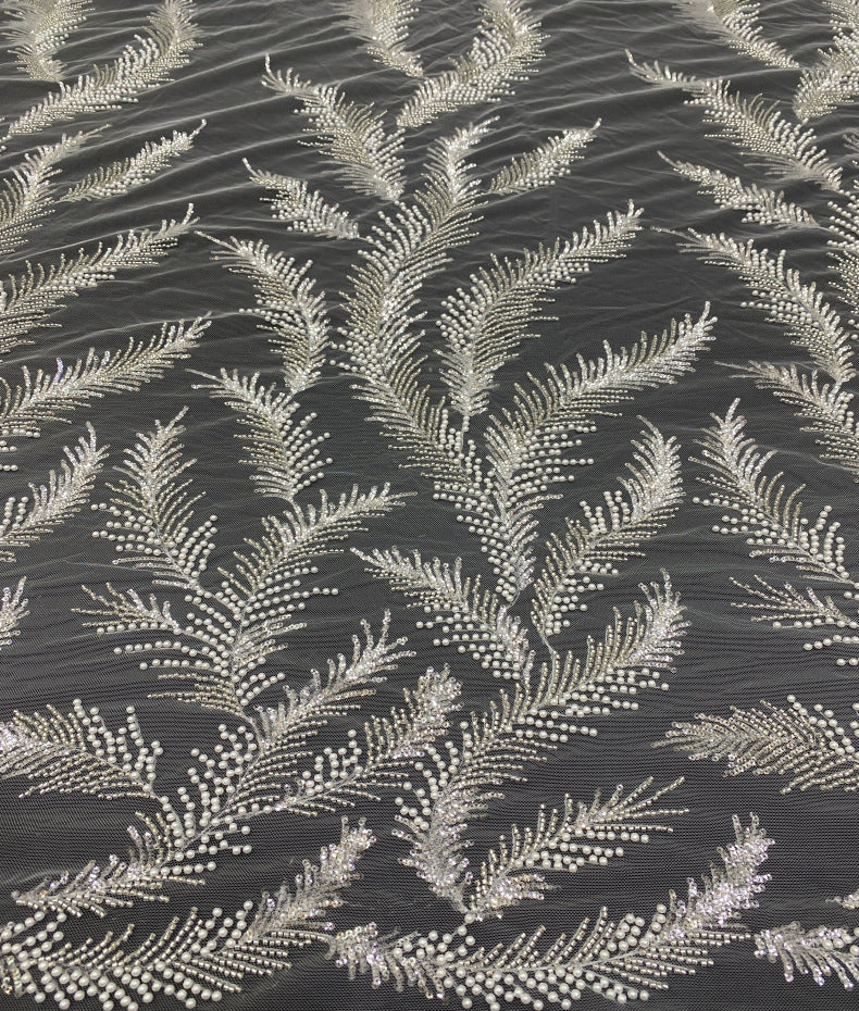 Feather-Detail Silver Bead & 3 mm Sequin Fabric — fabric photo 5