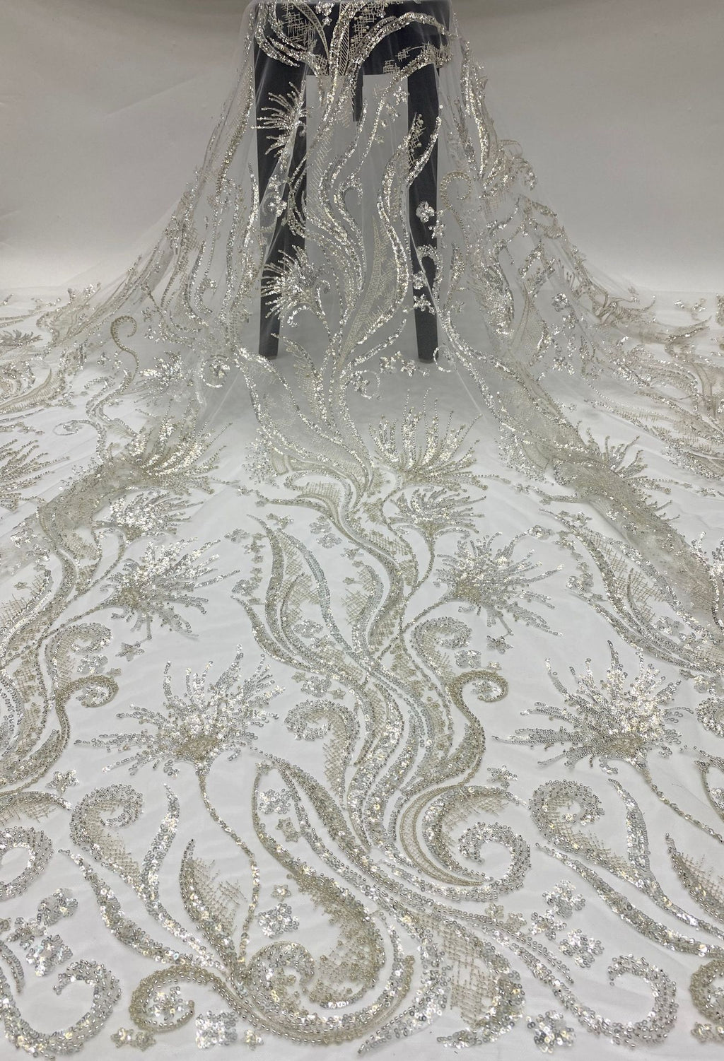 Large Floral Crystal-Look Sequin & Double-Bead Embroidered Bridal Fabric