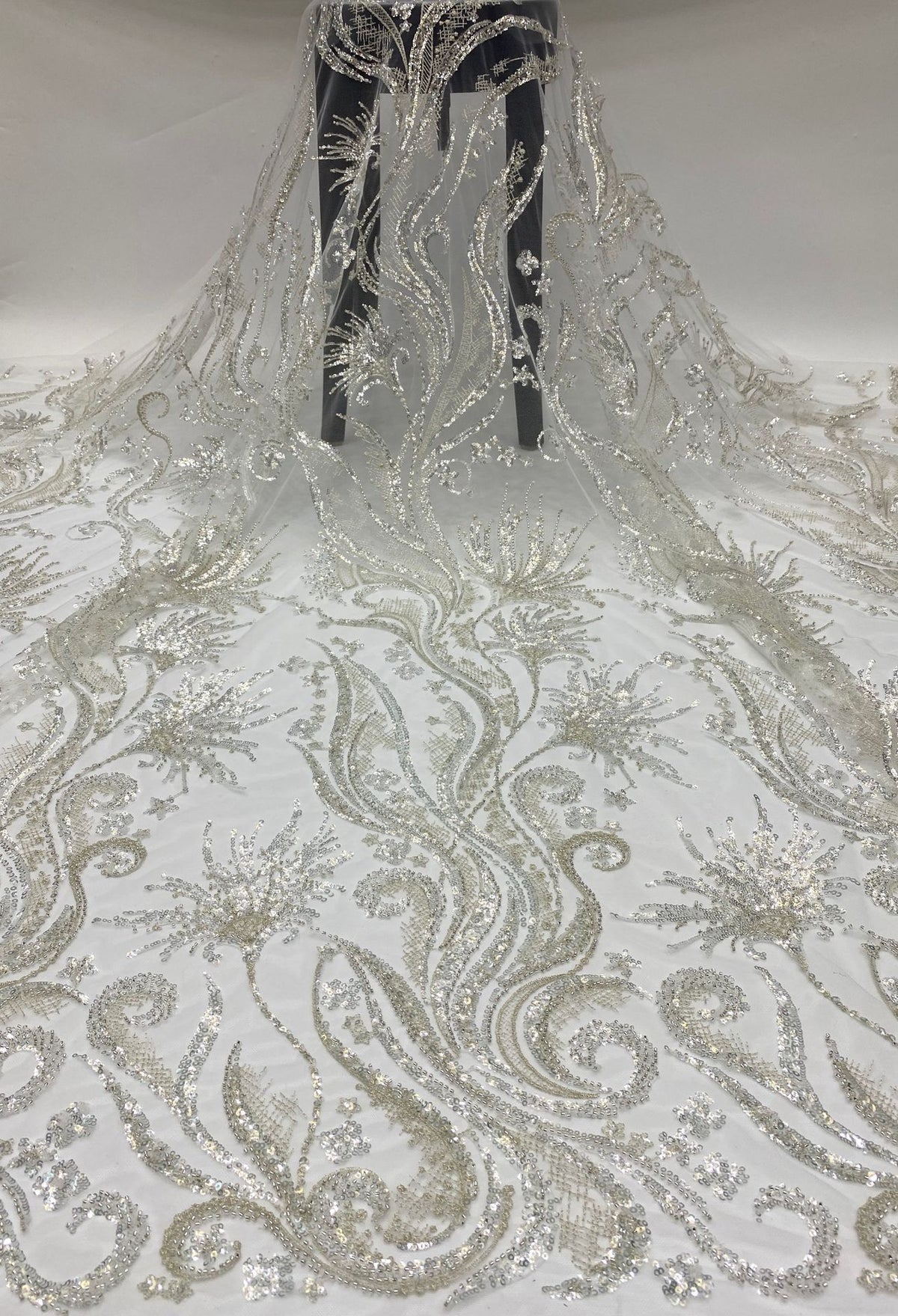 Large Floral Crystal-Look Sequin & Double-Bead Embroidered Bridal Fabric