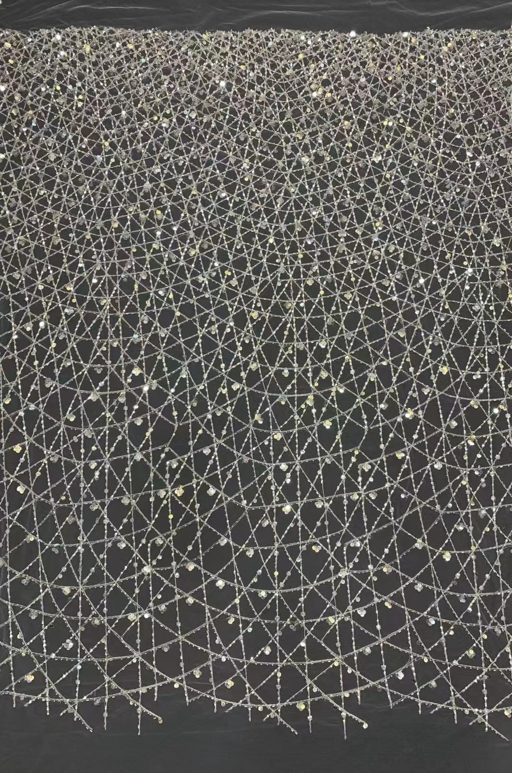 3/7 mm Crystal-Look Sequin & Bugle-Bead Embroidered Bridal Fabric — fabric photo 4