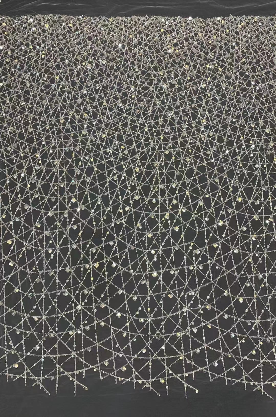 3/7 mm Crystal-Look Sequin & Bugle-Bead Embroidered Bridal Fabric — fabric photo 4