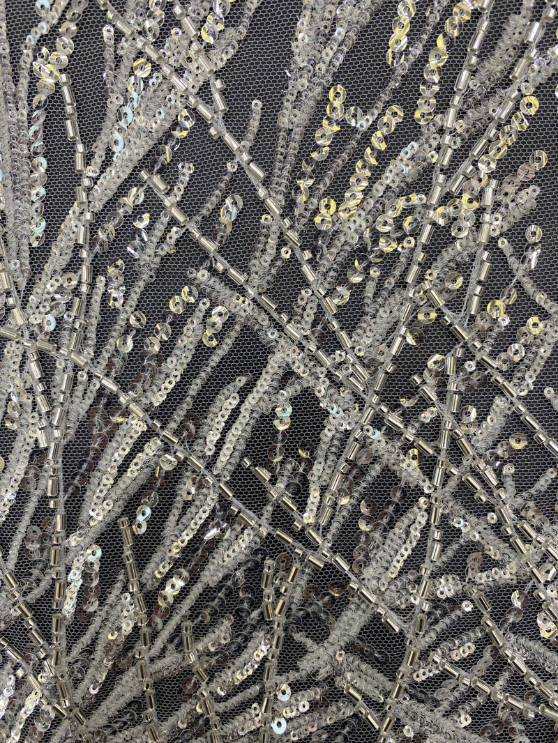 2/4 mm Crystal-Look Sequin & Bugle-Bead Embroidered Bridal Fabric — fabric photo 5