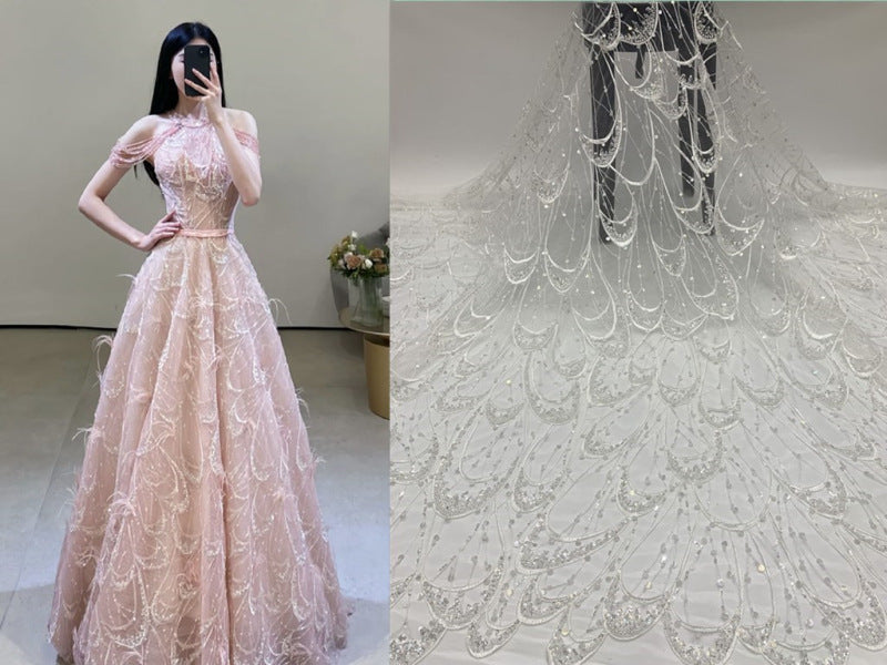 Large Floral Double-Bead Embroidered Bridal Fabric