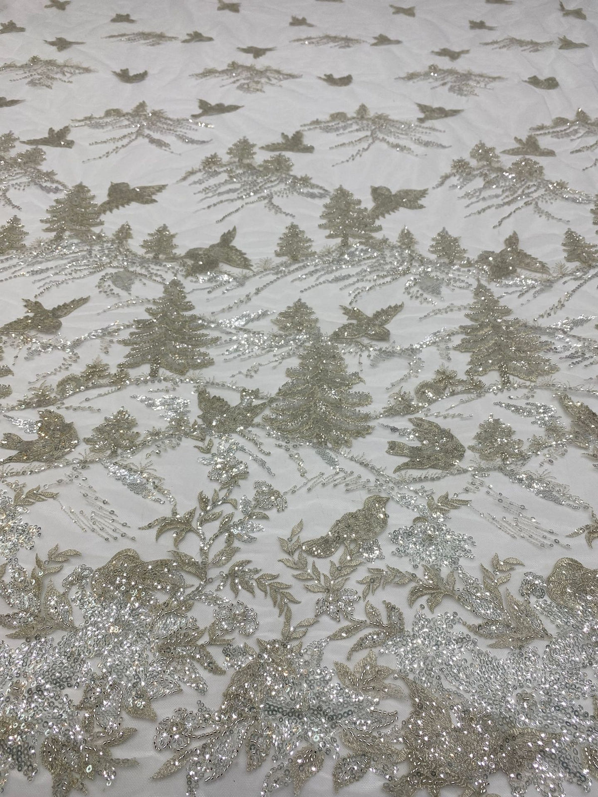 Forest-Inspired Silver-Thread Beaded Sequin Fabric — fabric photo 2