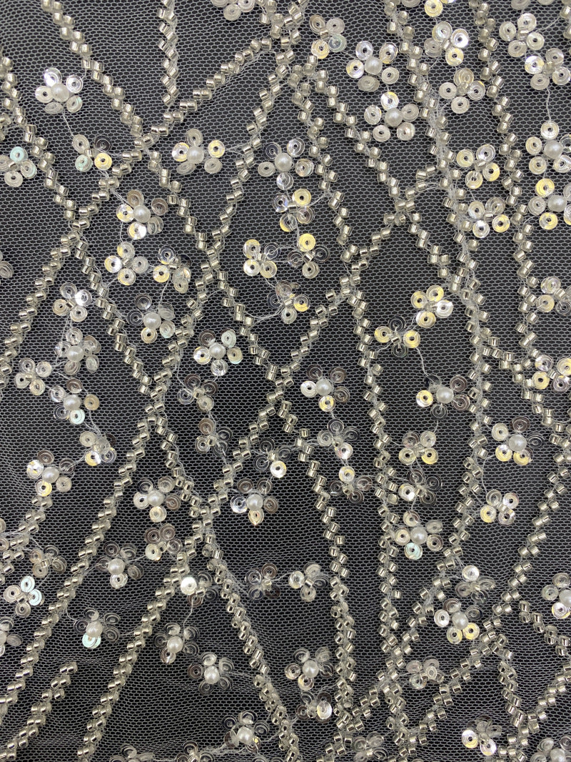 Silver Bead & 3/4mm Crystal Sequin Bridal Fabric — fabric photo 3