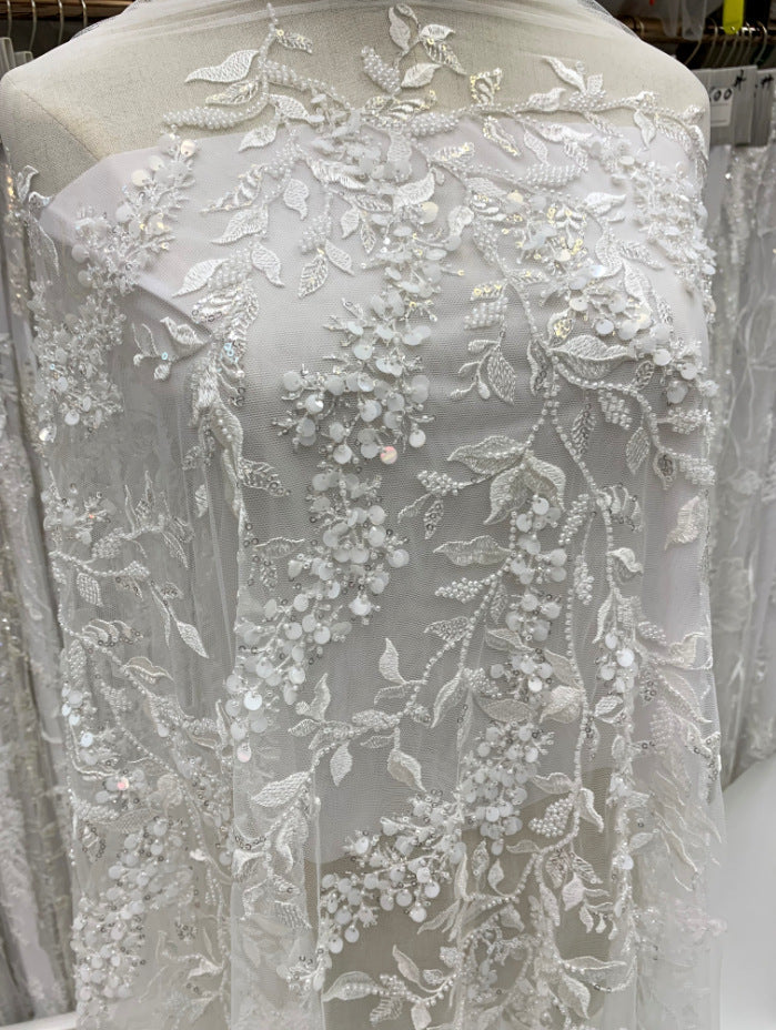 3D 3/7 mm Sequin & White-Core Bead Embroidered Bridal Fabric – Design 50591 — fabric photo 6