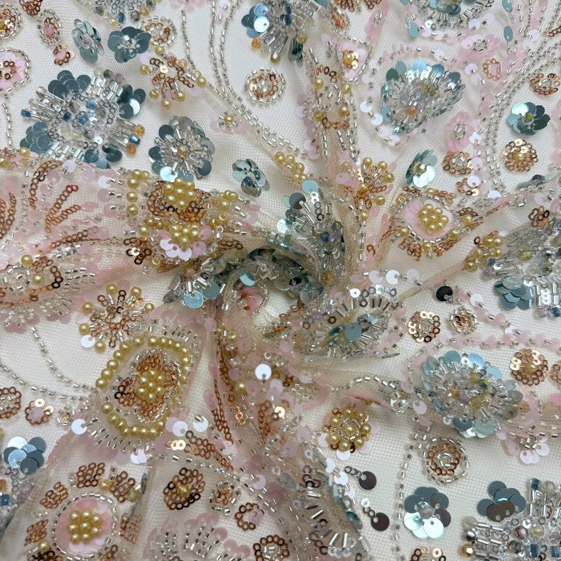 Raised-Bead Sequin Embroidered Mesh Lace Fabric – Per Yard