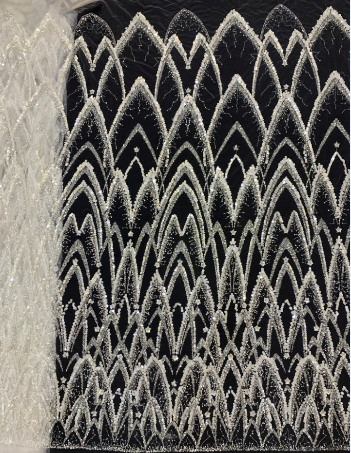 3/7 mm Sequin & Silver-Bead Embroidered Bridal Fabric – Design 18911 — fabric photo 3