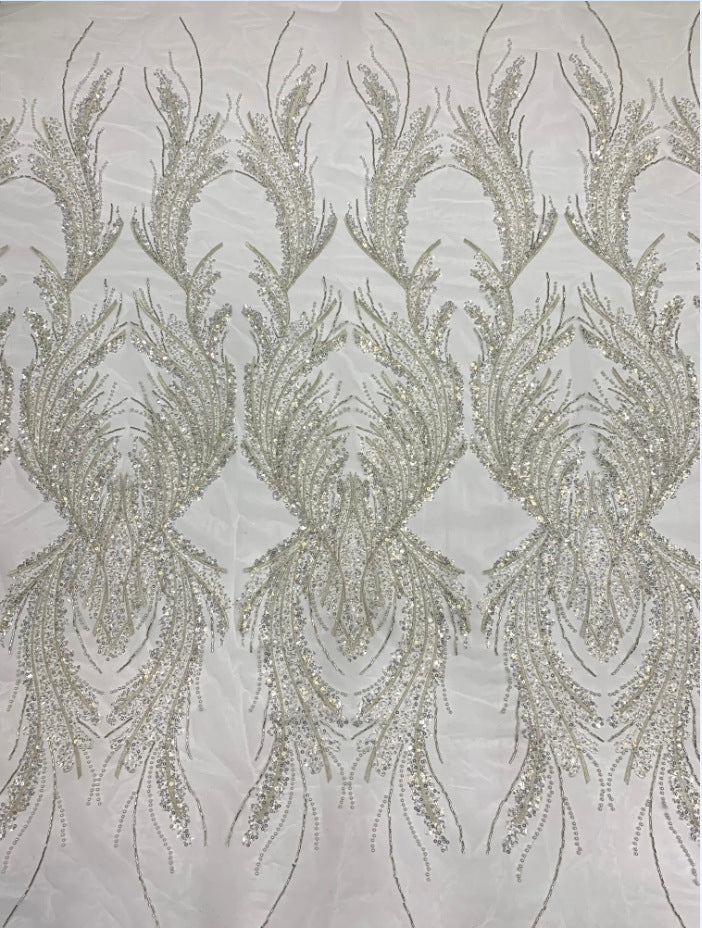 Heavy 3/5 mm Crystal-Look Sequin & Triple-Bead Embroidered Bridal Fabric – Design 71903 — fabric photo 6