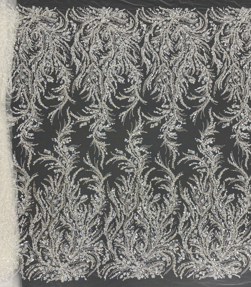 Positioned Floral Bead & 3/7mm Sequin Bridal Fabric — fabric photo 6