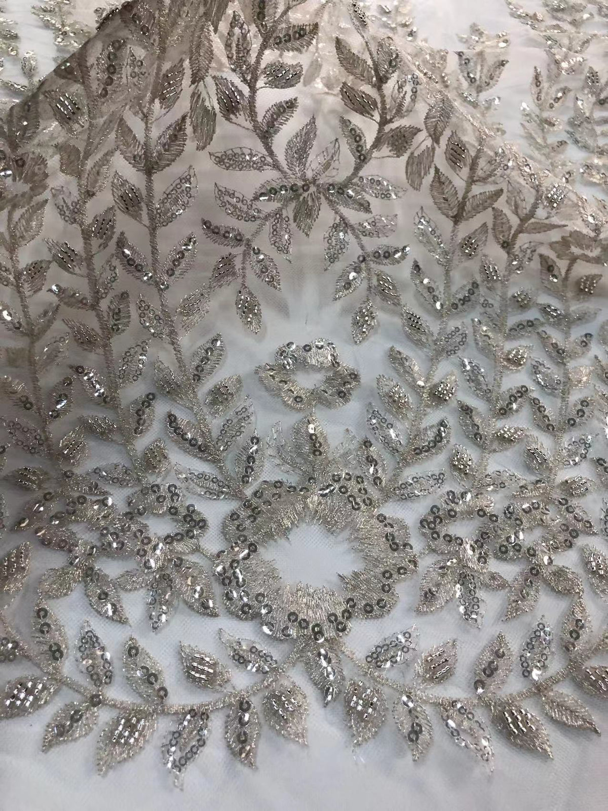 3D Floral Silver-Thread Beaded Sequin Embroidery Fabric — fabric photo 4
