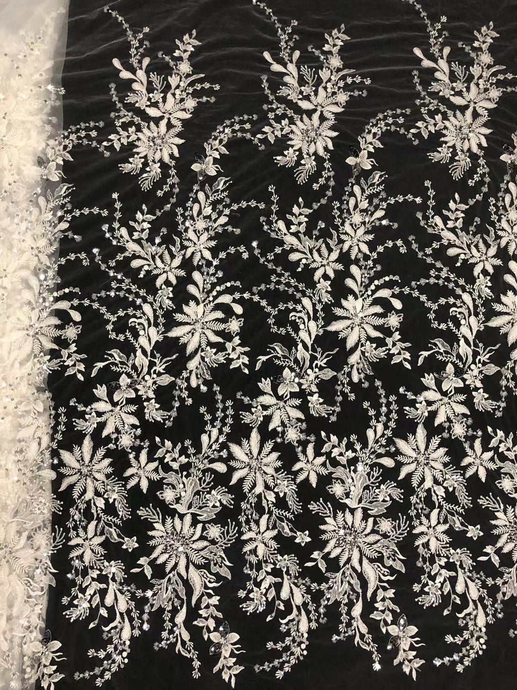 White-Core Bead & 3/7 mm Sequin Embroidered Fabric