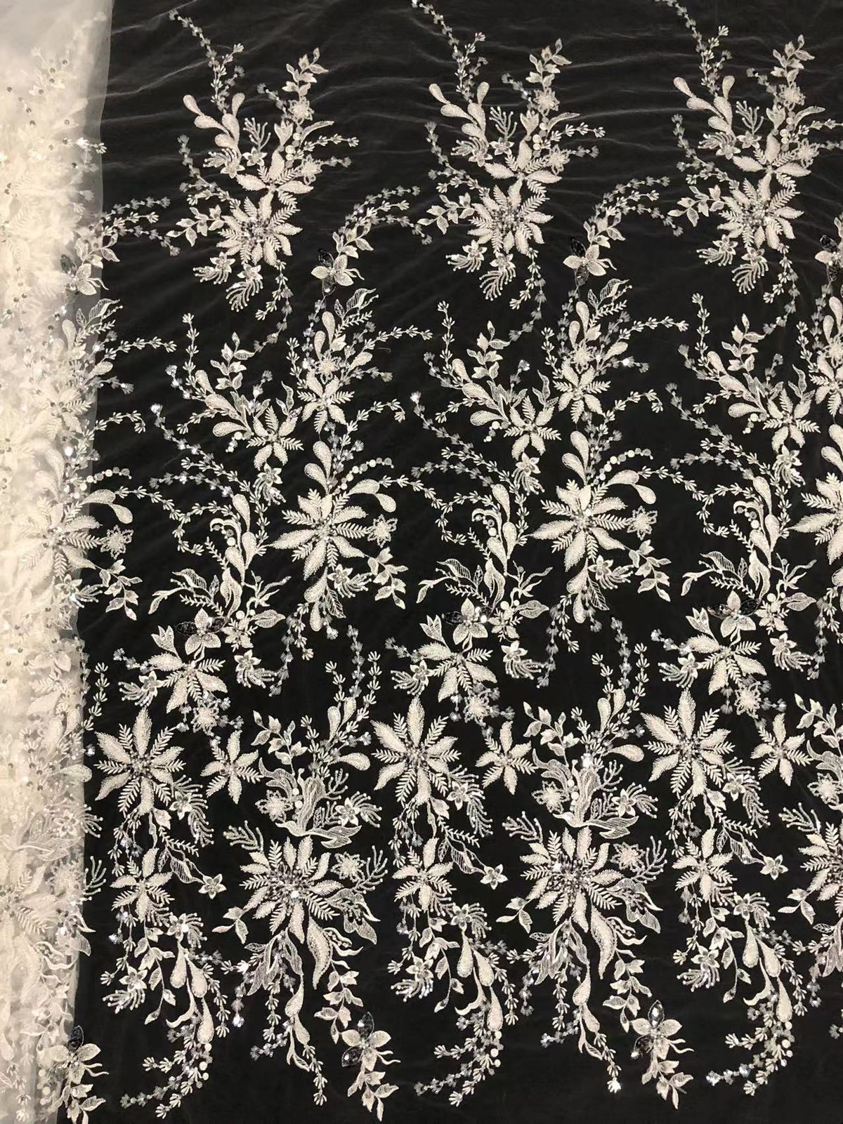 White-Core Bead & 3/7 mm Sequin Embroidered Fabric