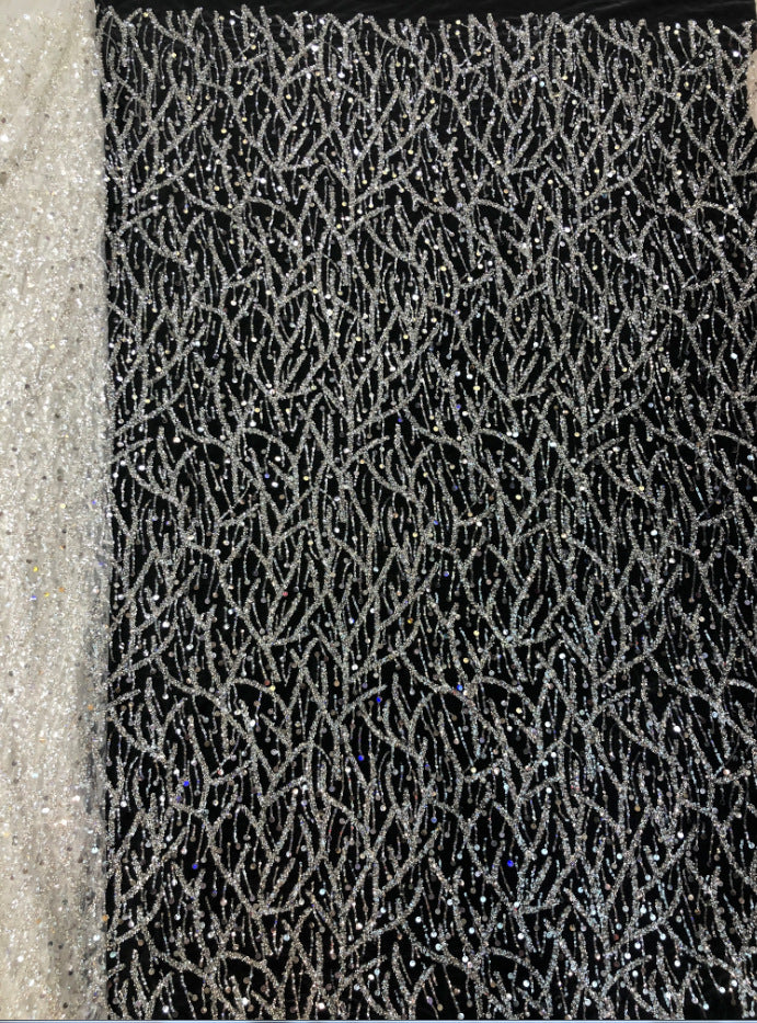 Fine 3/7 mm Crystal-Look Sequin & Silver-Bead Embroidered Bridal Fabric — fabric photo 4