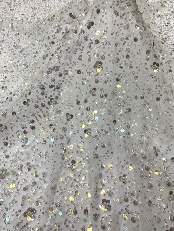 3/7 mm Crystal-Look Sequin & Silver-Bead Embroidered Bridal Fabric – Design 43071 — fabric photo 2