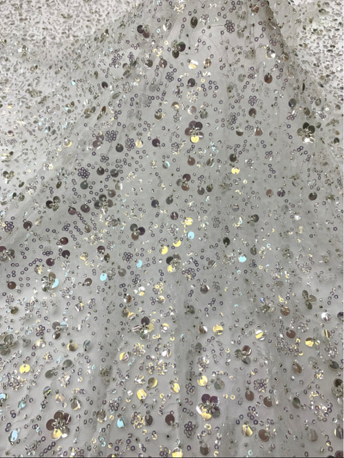 3/7 mm Crystal-Look Sequin & Silver-Bead Embroidered Bridal Fabric – Design 43071 — fabric photo 2
