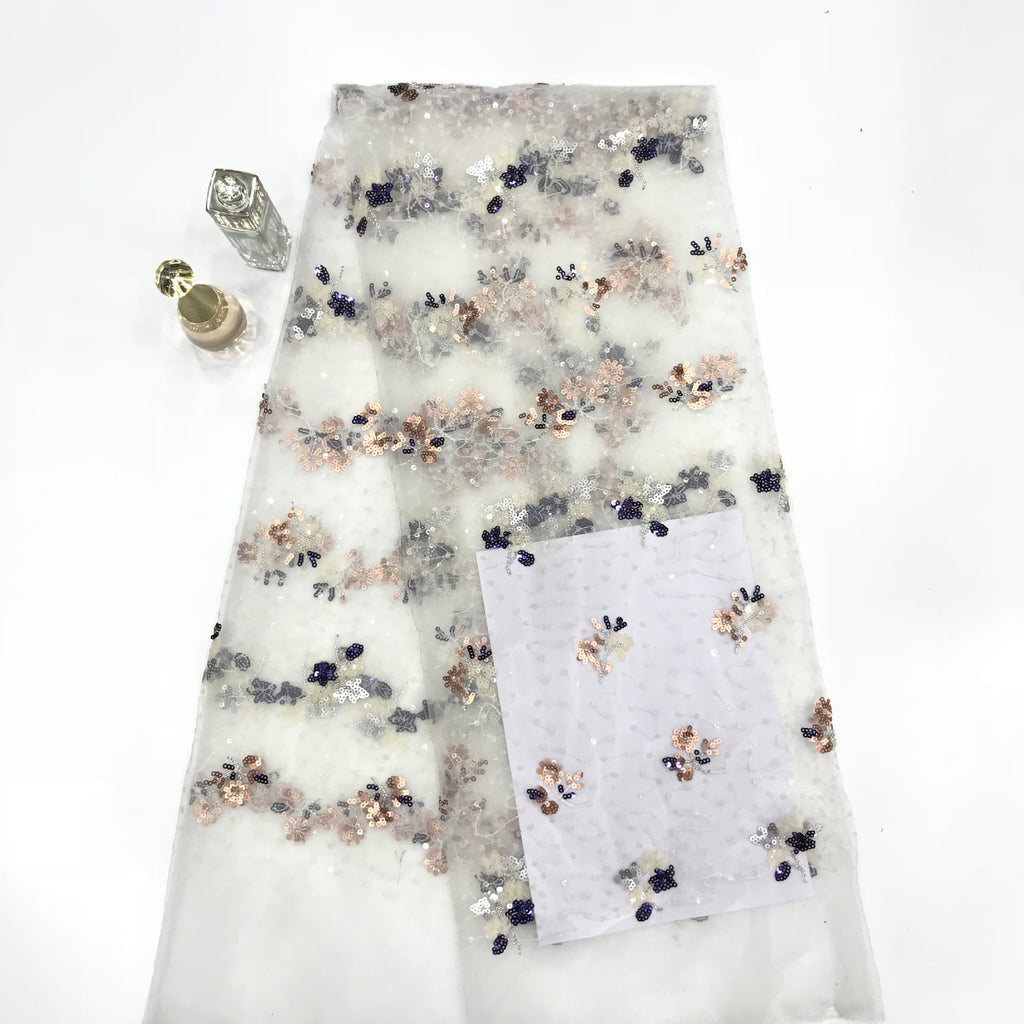 Fine Mesh Embroidery with Silver Beads and 4 mm Sequins — fabric photo 5