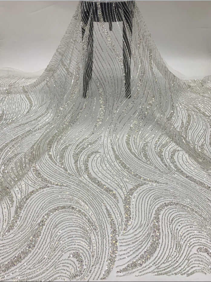 Wave 3/5 mm Crystal-Look Sequin & Silver-Bead Embroidered Bridal Fabric – Design 69183 — fabric photo 6