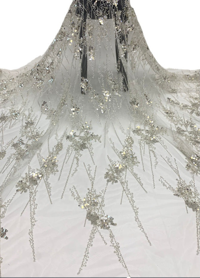 3/7 mm Crystal-Look Sequin & Silver-Bead Embroidered Bridal Fabric – Design 92191 — fabric photo 5