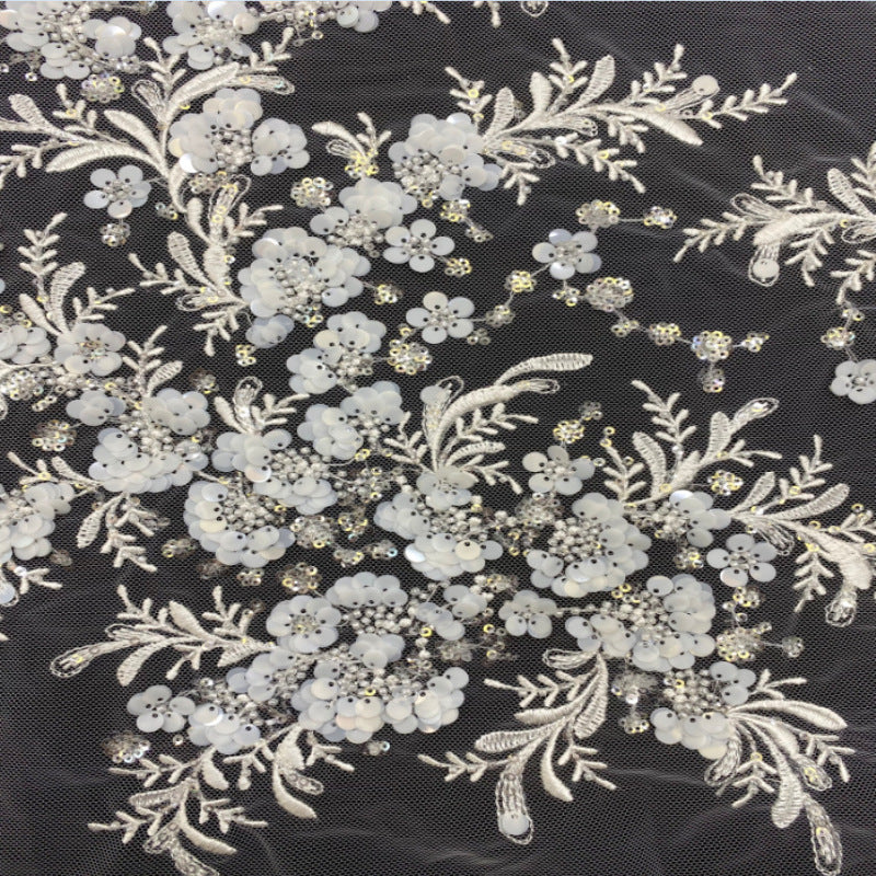 3D 3/7 mm Sequin & White-Core Bead Embroidered Bridal Fabric – Design 47007 — fabric photo 2