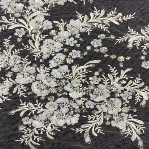 3D 3/7 mm Sequin & White-Core Bead Embroidered Bridal Fabric – Design 47007 — fabric photo 2