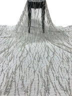Abstract Silver Bead and 2/4 mm Crystal Sequin Fabric