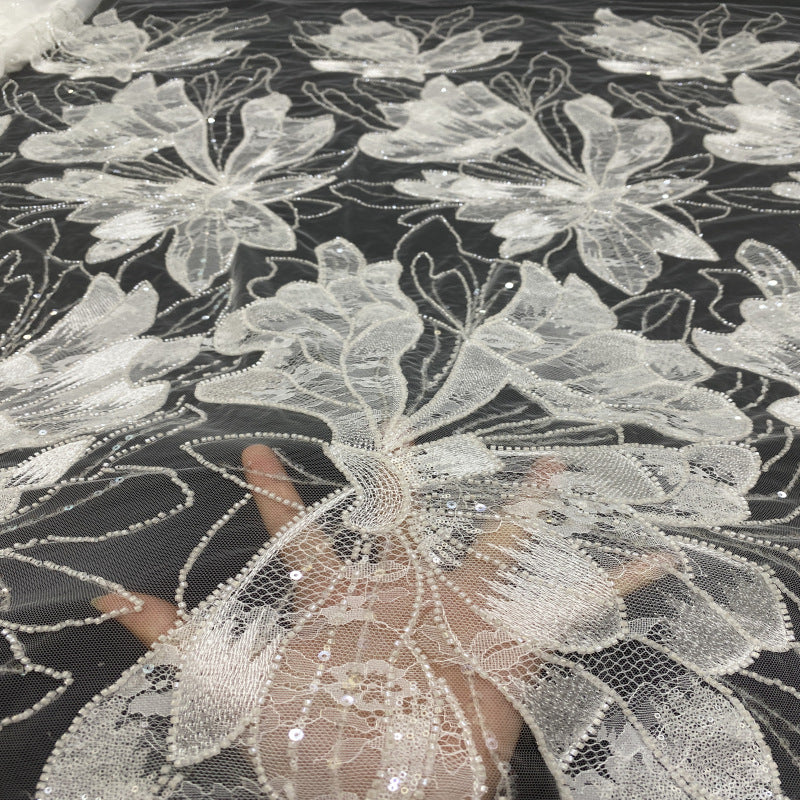 Large Floral Sequin & Laser-Cut Embroidered Lace Fabric — fabric photo 2