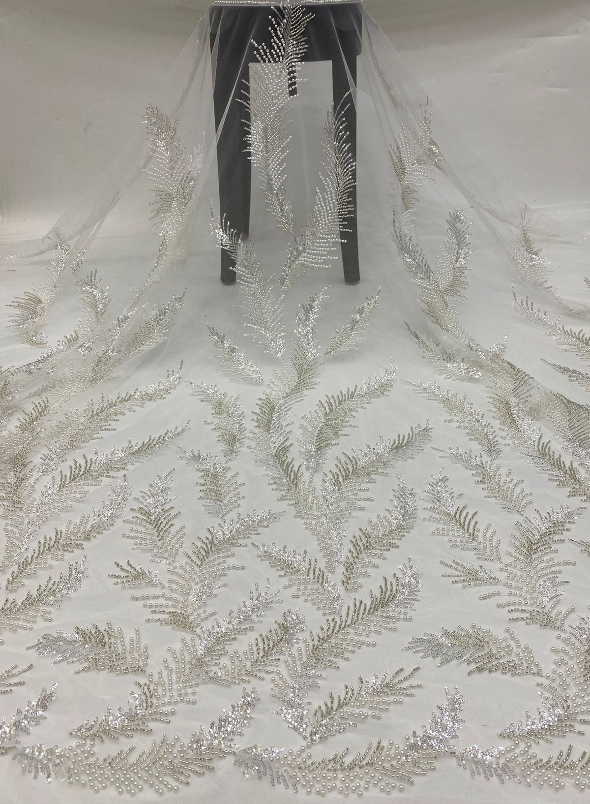 Feather-Detail Silver Bead & 3 mm Sequin Fabric