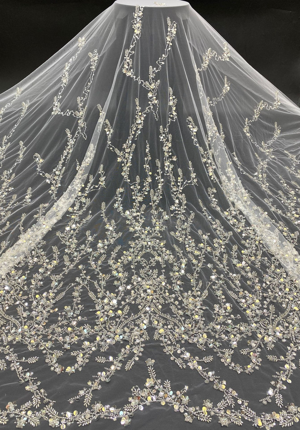 Plant Motif Foam Bead Sequin Embroidered Fabric