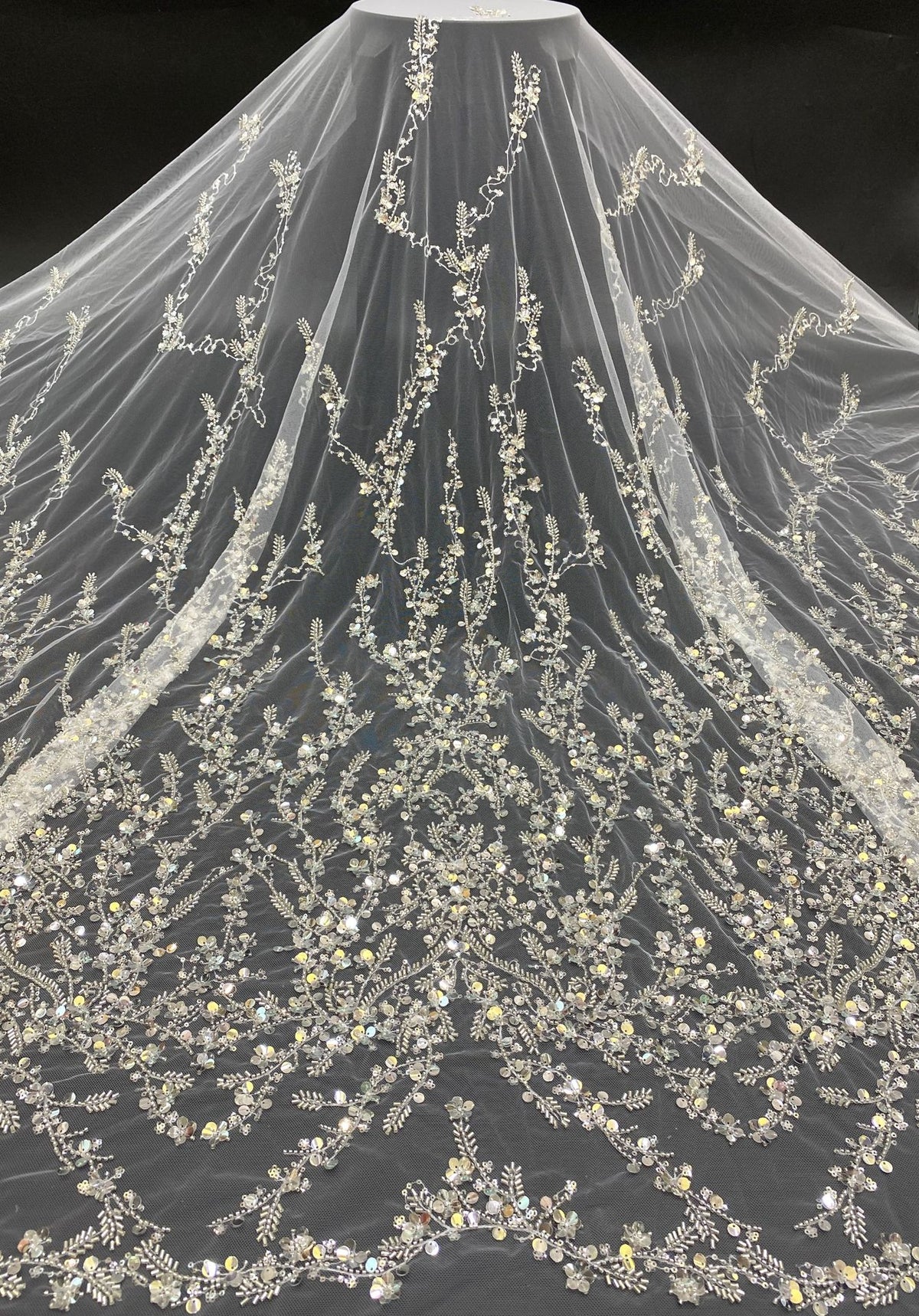 Plant Motif Foam Bead Sequin Embroidered Fabric