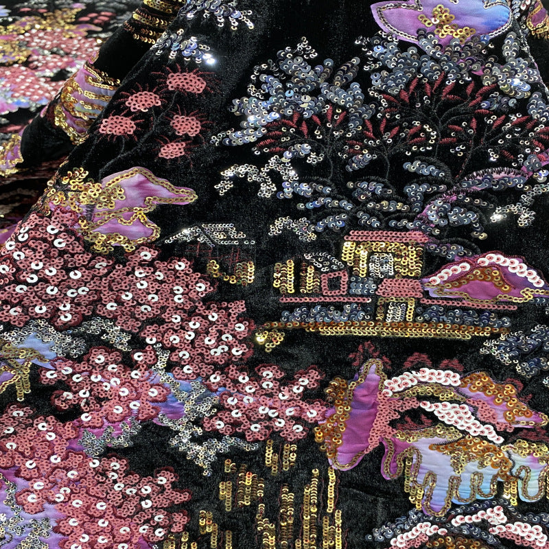Landscape Embroidery & Sequin Velvet Fabric — fabric photo 4