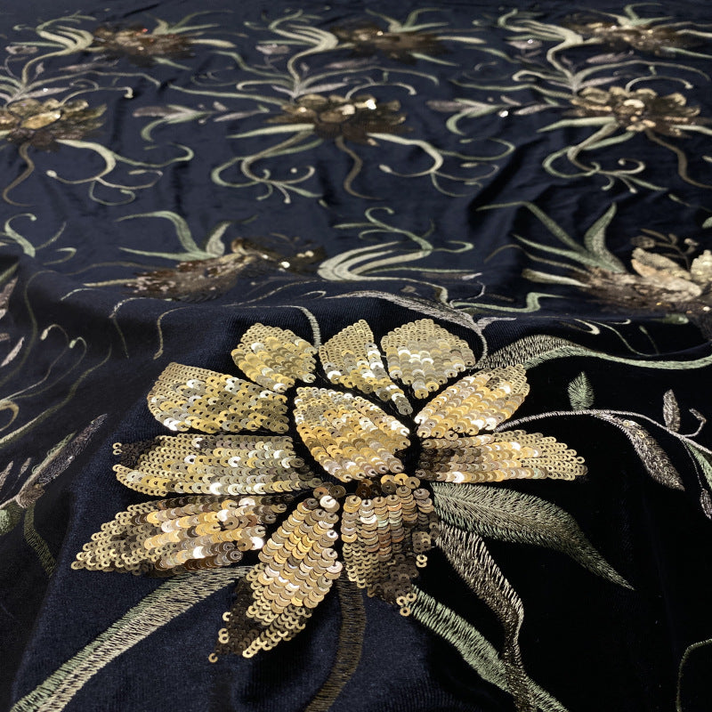Velvet Botanical Embroidery with Colorful Sequins — fabric photo 3