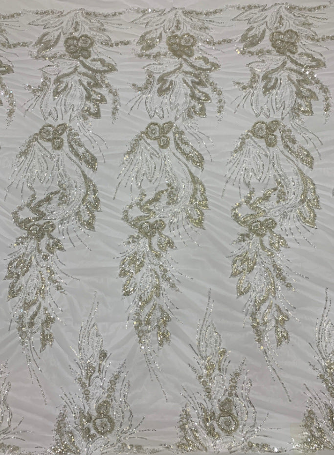Heavy 3/7 mm Sequin & Triple-Bead Embroidered Bridal Fabric – Design 44351 — fabric photo 2
