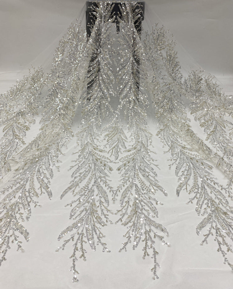 Silver Raised-Bead and 3/5 mm Crystal Sequin Bridal Fabric — fabric photo 2